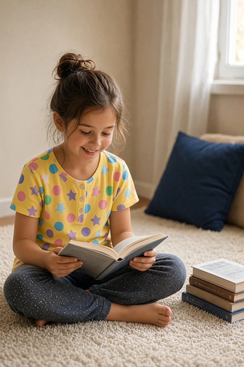 A girl reading a book at home